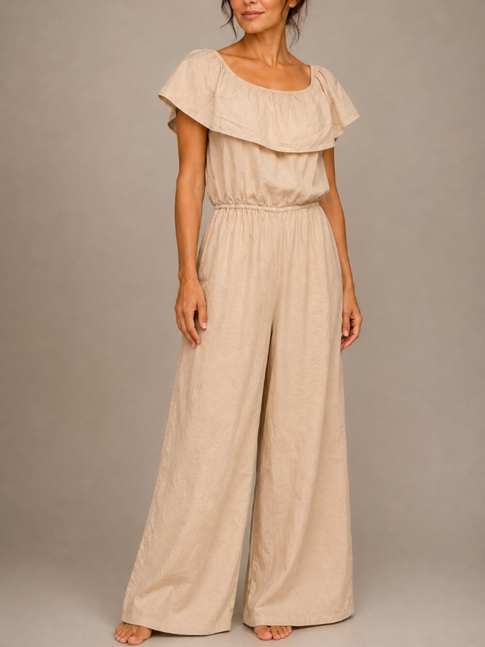 CI SONO Los Angeles Linen Blend Ruffle Wide Leg Jumpsuit Khaki Coastal Boho M